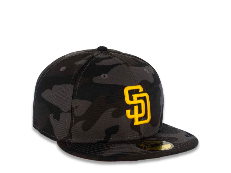 San Diego Padres New Era MLB 59FIFTY 5950 Fitted Cap Hat Black Camo Crown/Visor Yellow Logo Dark Brown UV