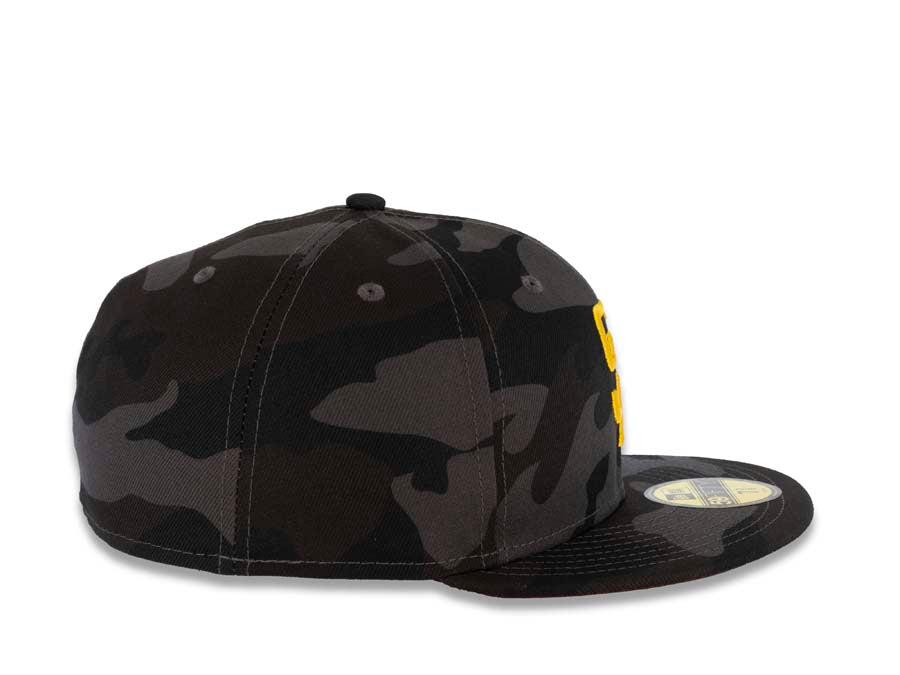 San Diego Padres New Era MLB 59FIFTY 5950 Fitted Cap Hat Black Camo Crown/Visor Yellow Logo Dark Brown UV