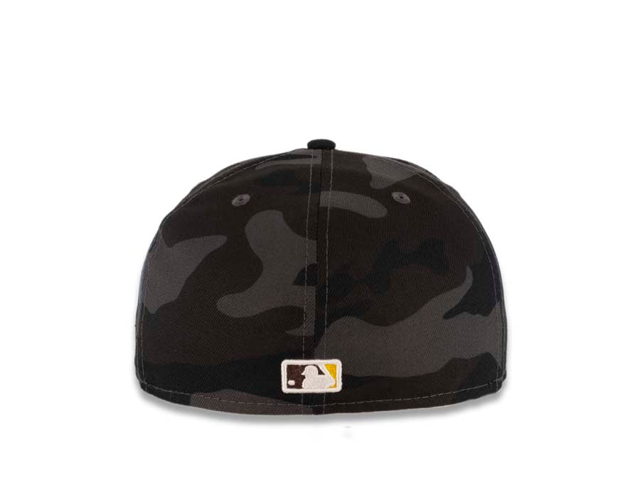 San Diego Padres New Era MLB 59FIFTY 5950 Fitted Cap Hat Black Camo Crown/Visor Yellow Logo Dark Brown UV