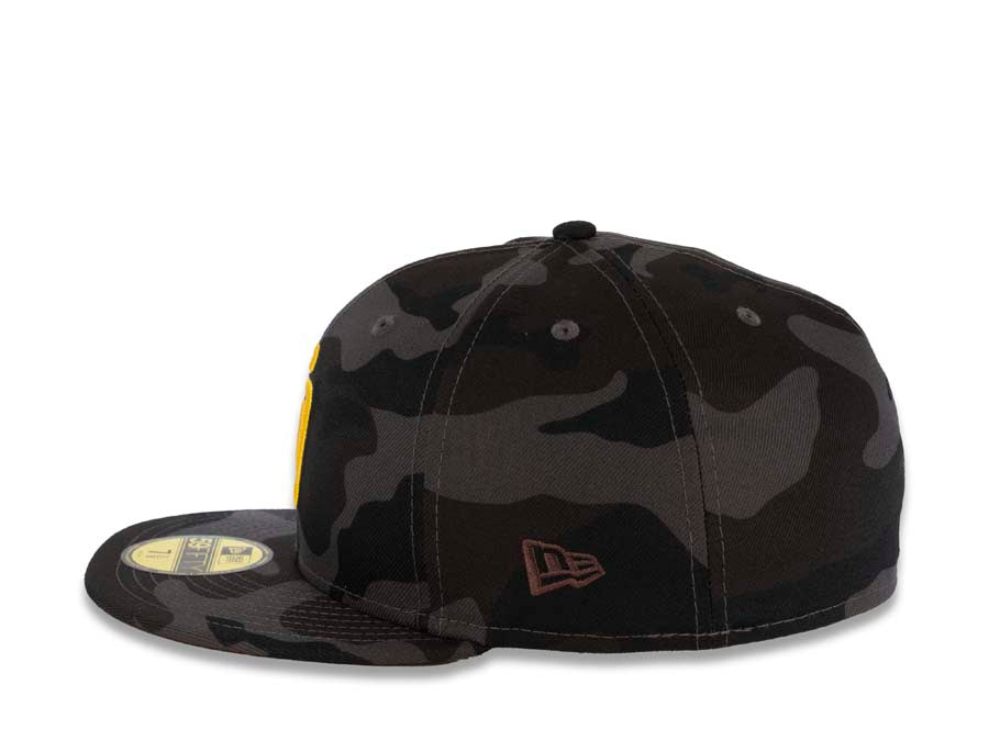 San Diego Padres New Era MLB 59FIFTY 5950 Fitted Cap Hat Black Camo Crown/Visor Yellow Logo Dark Brown UV