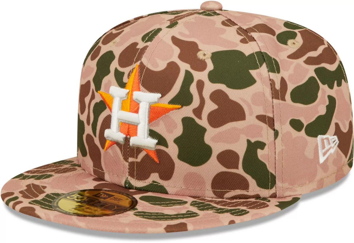 Houston Astros New Era MLB 59FIFTY 5950 Fitted Cap Hat Duck Camo Crown/Visor Team Color Logo 2017 World Series Side Patch Orange UV