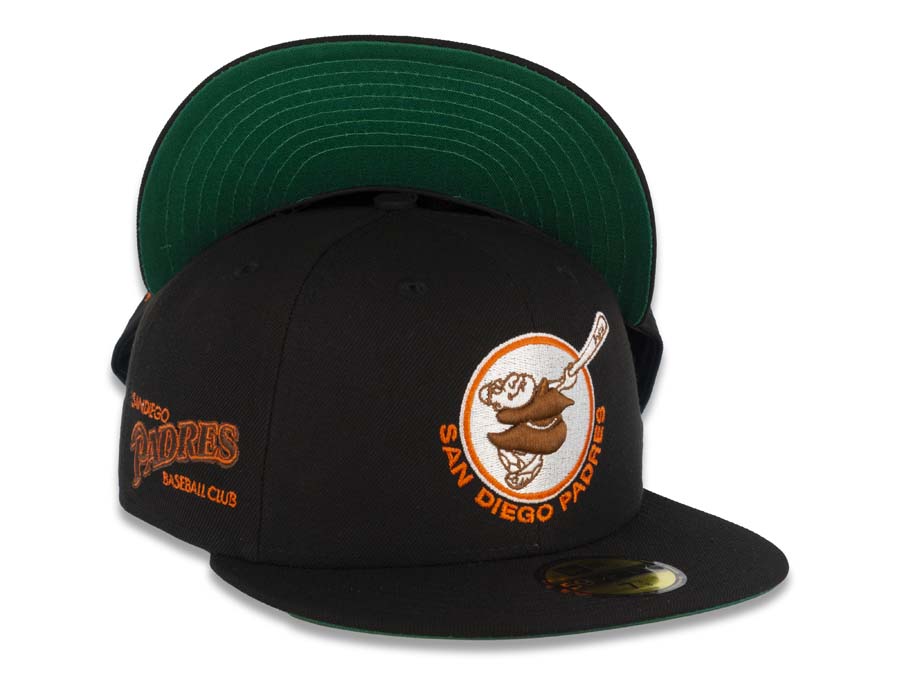 San Diego Padres New Era MLB 59FIFTY 5950 Fitted Cap Hat Black Crown/Visor Brown/Orange Swinging Friar Logo Baseball Club Side Patch