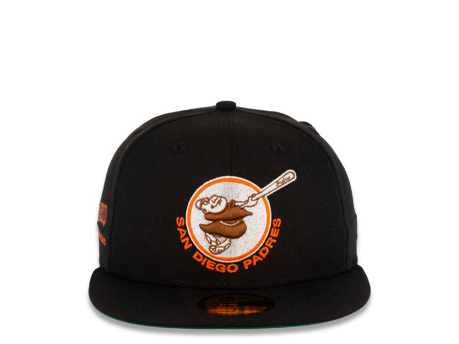 San Diego Padres New Era MLB 59FIFTY 5950 Fitted Cap Hat Black Crown/Visor Brown/Orange Swinging Friar Logo Baseball Club Side Patch