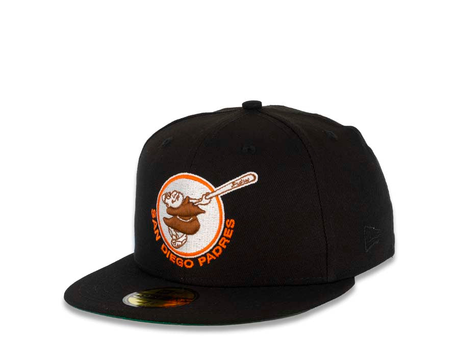 San Diego Padres New Era MLB 59FIFTY 5950 Fitted Cap Hat Black Crown/Visor Brown/Orange Swinging Friar Logo Baseball Club Side Patch