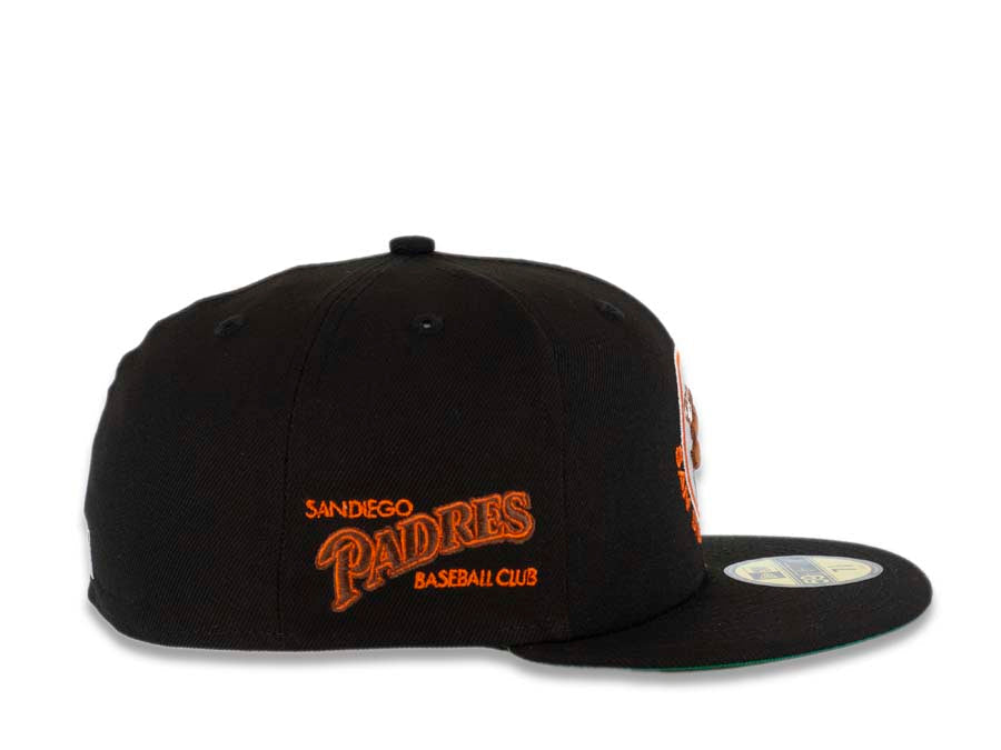 San Diego Padres New Era MLB 59FIFTY 5950 Fitted Cap Hat Black Crown/Visor Brown/Orange Swinging Friar Logo Baseball Club Side Patch