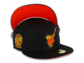 San Diego Padres New Era MLB 59FIFTY 5950 Fitted Cap Hat Black Crown/Visor Orange/Yellow Swinging Friar Logo 25th Anniversary Side Patch