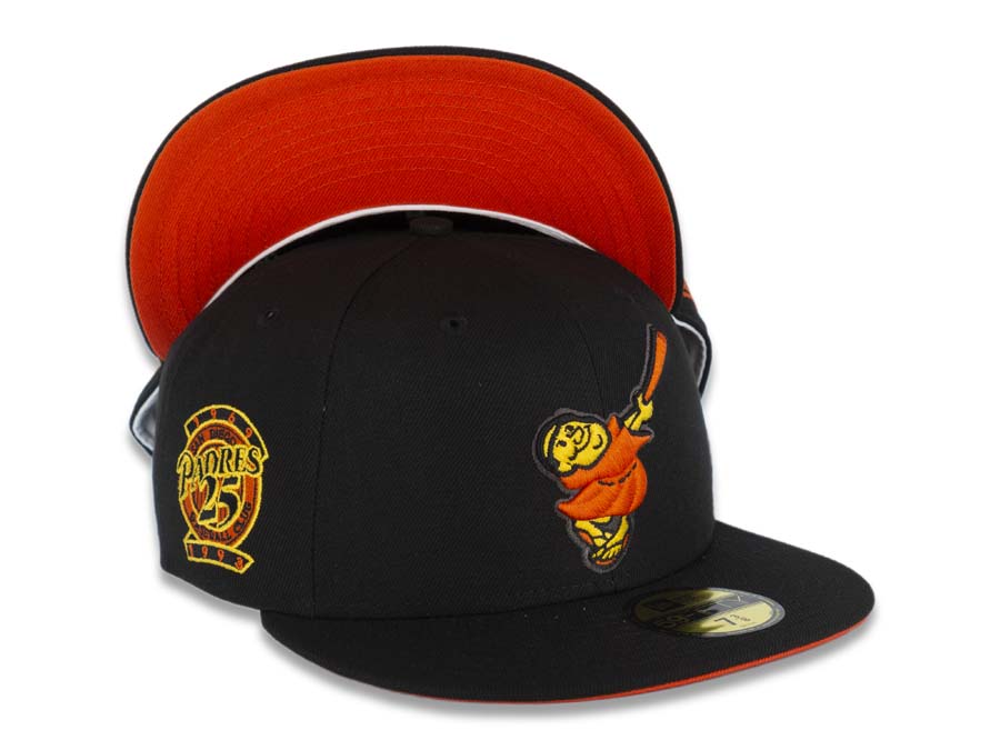San Diego Padres New Era MLB 59FIFTY 5950 Fitted Cap Hat Black Crown/Visor Orange/Yellow Swinging Friar Logo 25th Anniversary Side Patch