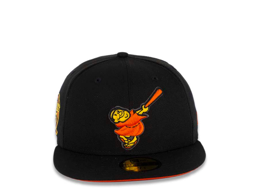 San Diego Padres New Era MLB 59FIFTY 5950 Fitted Cap Hat Black Crown/Visor Orange/Yellow Swinging Friar Logo 25th Anniversary Side Patch