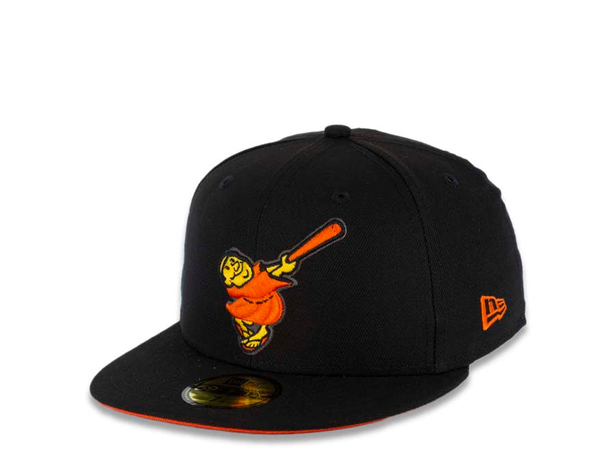 San Diego Padres New Era MLB 59FIFTY 5950 Fitted Cap Hat Black Crown/Visor Orange/Yellow Swinging Friar Logo 25th Anniversary Side Patch