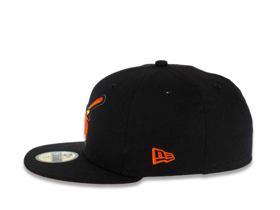 San Diego Padres New Era MLB 59FIFTY 5950 Fitted Cap Hat Black Crown/Visor Orange/Yellow Swinging Friar Logo 25th Anniversary Side Patch