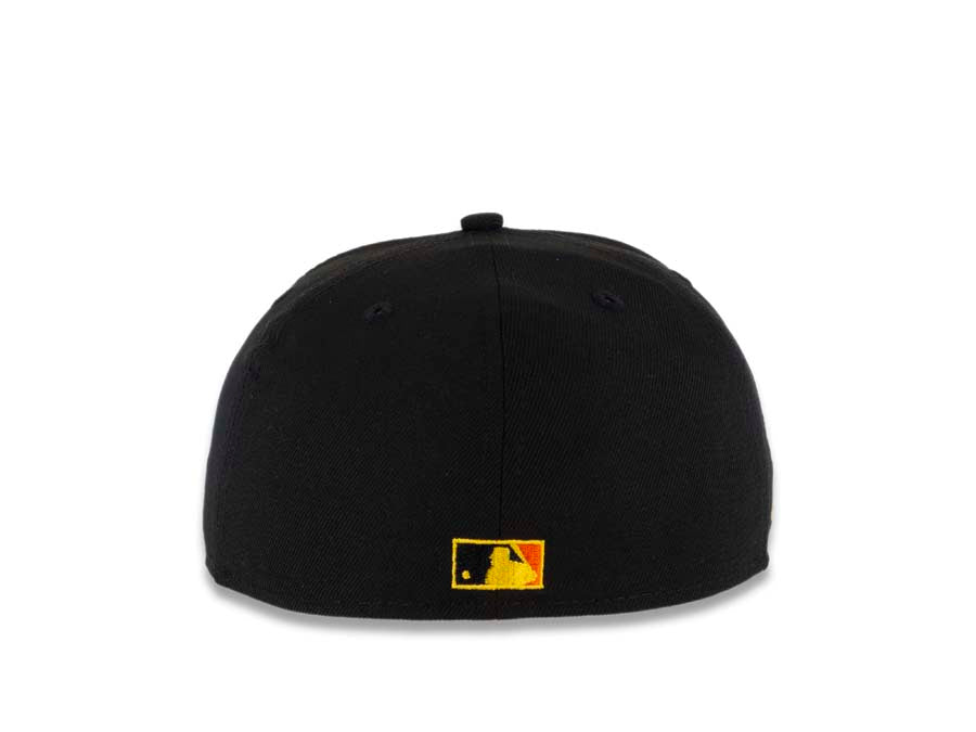 San Diego Padres New Era MLB 59FIFTY 5950 Fitted Cap Hat Black Crown/Visor Orange/Yellow Swinging Friar Logo 25th Anniversary Side Patch