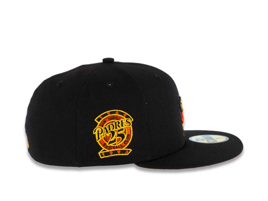 San Diego Padres New Era MLB 59FIFTY 5950 Fitted Cap Hat Black Crown/Visor Orange/Yellow Swinging Friar Logo 25th Anniversary Side Patch