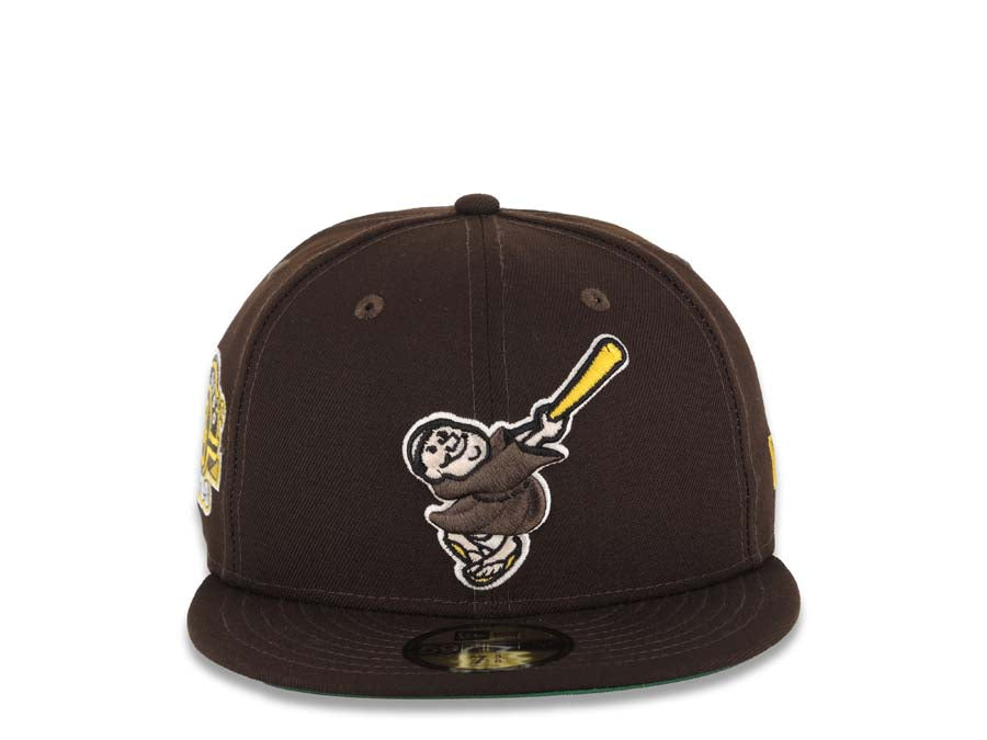 San Diego Padres New Era MLB 59FIFTY 5950 Fitted Cap Hat Dark Brown Crown/Visor Dark Brown/Yellow Swinging Friar Logo Stadium Side Patch Green UV