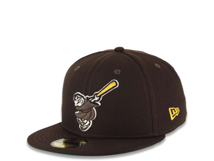 San Diego Padres New Era MLB 59FIFTY 5950 Fitted Cap Hat Dark Brown Crown/Visor Dark Brown/Yellow Swinging Friar Logo Stadium Side Patch Green UV
