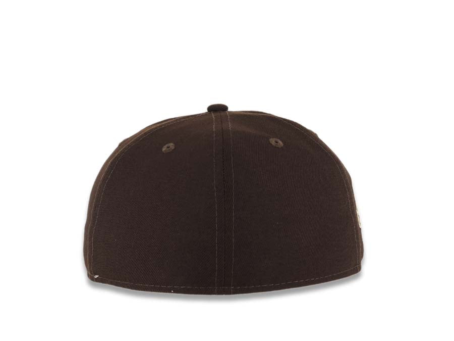 San Diego Padres New Era MLB 59FIFTY 5950 Fitted Cap Hat Dark Brown Crown/Visor Dark Brown/Yellow Swinging Friar Logo Stadium Side Patch Green UV