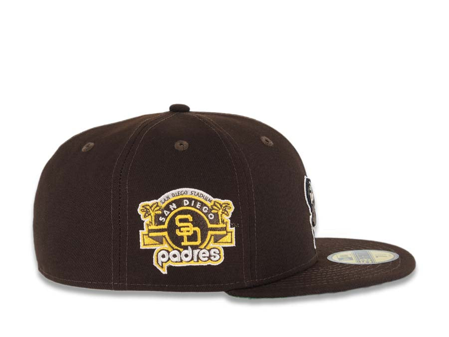 San Diego Padres New Era MLB 59FIFTY 5950 Fitted Cap Hat Dark Brown Crown/Visor Dark Brown/Yellow Swinging Friar Logo Stadium Side Patch Green UV