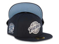 San Diego Padres New Era MLB 59FIFTY 5950 Fitted Cap Hat Navy Blue Crown/Visor Navy Blue/Sky Blue Baseball Club Logo 25th Anniversary Side Patch Sky Blue UV