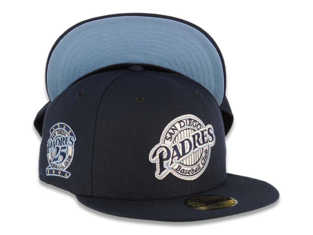 San Diego Padres New Era MLB 59FIFTY 5950 Fitted Cap Hat Navy Blue Crown/Visor Navy Blue/Sky Blue Baseball Club Logo 25th Anniversary Side Patch Sky Blue UV