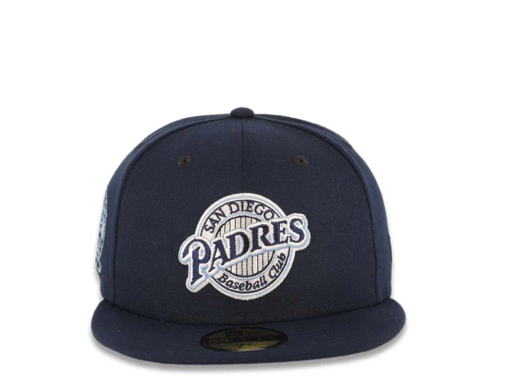 San Diego Padres New Era MLB 59FIFTY 5950 Fitted Cap Hat Navy Blue Crown/Visor Navy Blue/Sky Blue Baseball Club Logo 25th Anniversary Side Patch Sky Blue UV