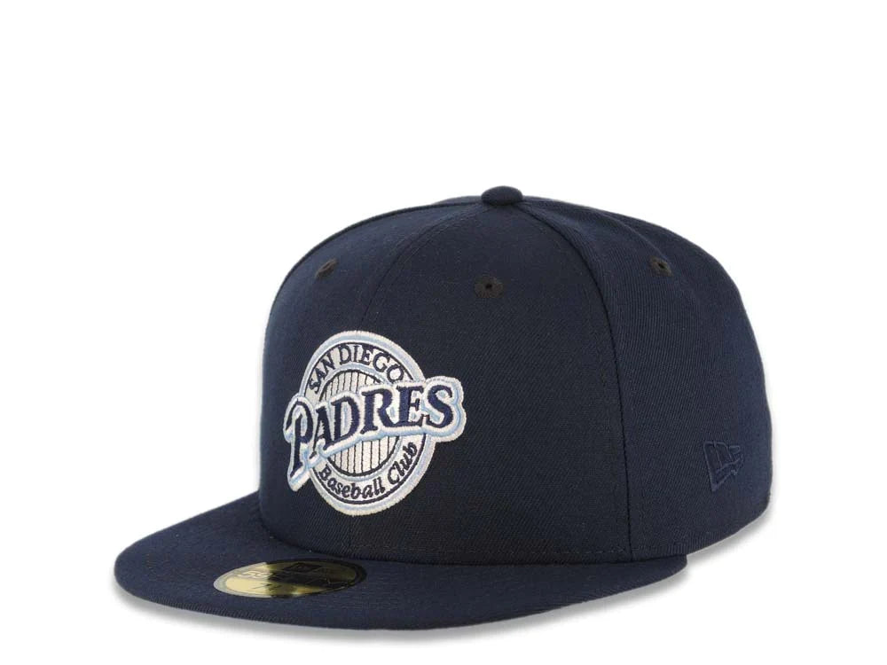San Diego Padres New Era MLB 59FIFTY 5950 Fitted Cap Hat Navy Blue Crown/Visor Navy Blue/Sky Blue Baseball Club Logo 25th Anniversary Side Patch Sky Blue UV