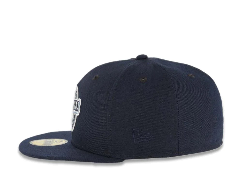 San Diego Padres New Era MLB 59FIFTY 5950 Fitted Cap Hat Navy Blue Crown/Visor Navy Blue/Sky Blue Baseball Club Logo 25th Anniversary Side Patch Sky Blue UV