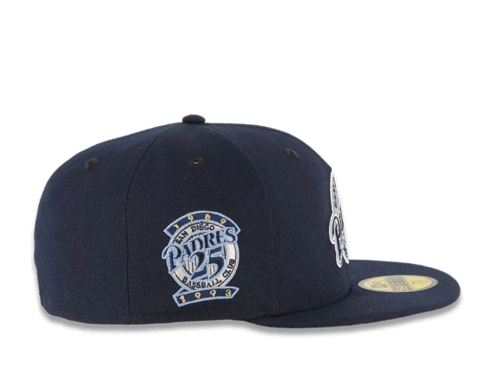 San Diego Padres New Era MLB 59FIFTY 5950 Fitted Cap Hat Navy Blue Crown/Visor Navy Blue/Sky Blue Baseball Club Logo 25th Anniversary Side Patch Sky Blue UV