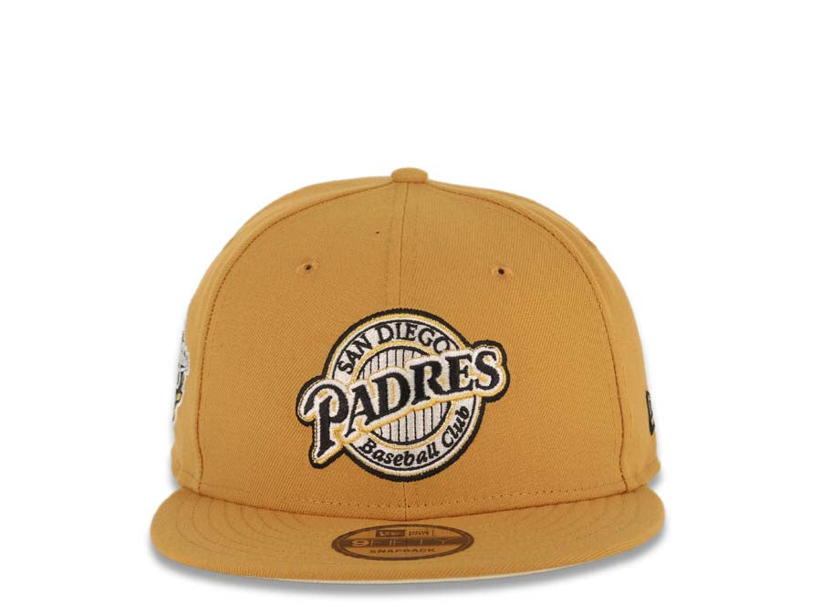 San Diego Padres New Era MLB 9FIFTY 950 Snapback Cap Hat Tan Crown/Visor Black/Metallic Gold Baseball Club Logo 1998 World Series Side Patch Cream UV