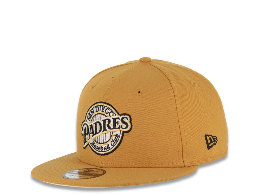 San Diego Padres New Era MLB 9FIFTY 950 Snapback Cap Hat Tan Crown/Visor Black/Metallic Gold Baseball Club Logo 1998 World Series Side Patch Cream UV