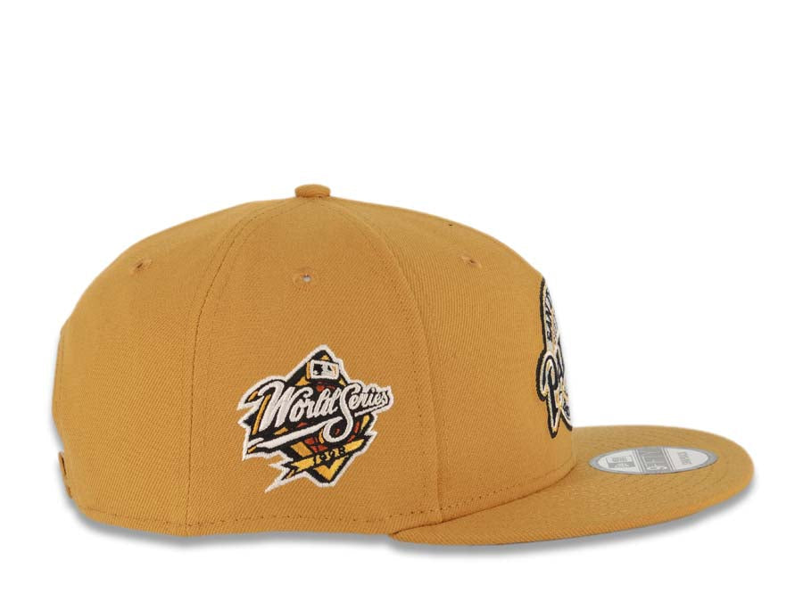 San Diego Padres New Era MLB 9FIFTY 950 Snapback Cap Hat Tan Crown/Visor Black/Metallic Gold Baseball Club Logo 1998 World Series Side Patch Cream UV