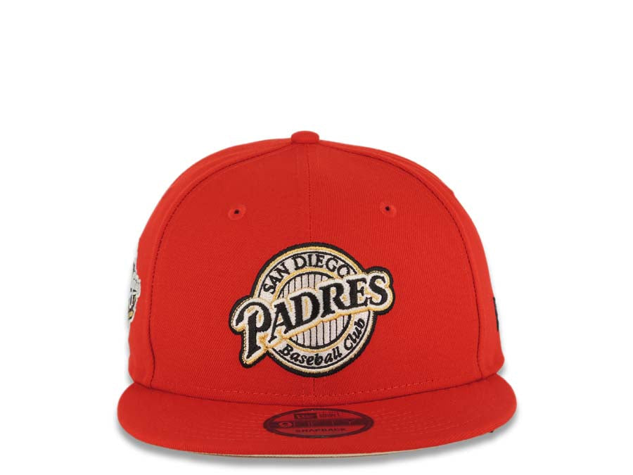 San Diego Padres New Era MLB 9FIFTY 950 Snapback Cap Hat Red Crown/Visor Black/Metallic Red Baseball Club Logo 1998 World Series Side Patch Cream UV