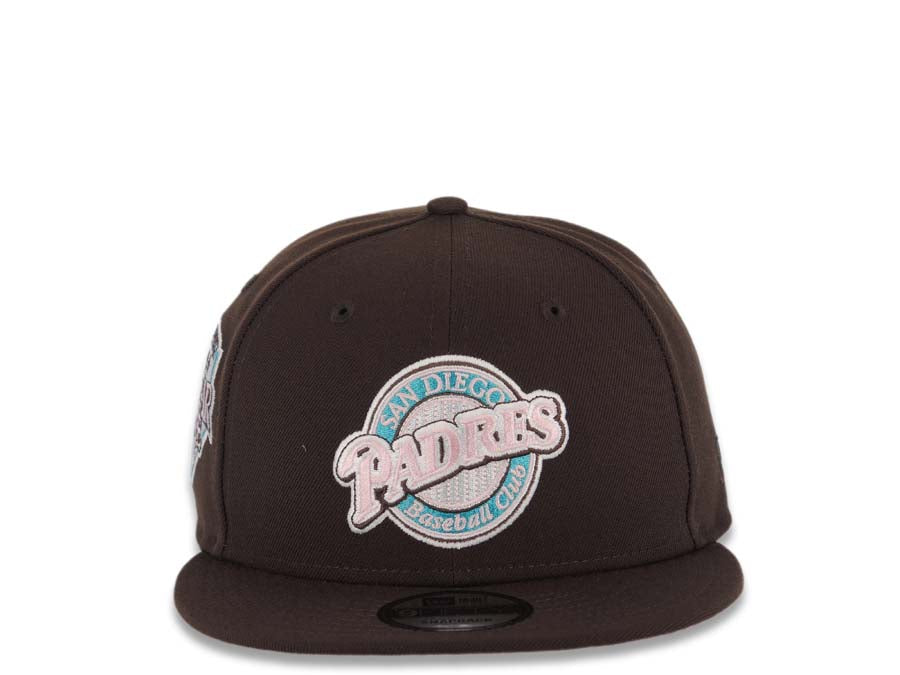 San Diego Padres New Era MLB 9FIFTY 950 Snapback Cap Hat Dark Brown Crown/Visor Pink/Teal/White Baseball Club Logo 1992 All-Star Game Side Patch