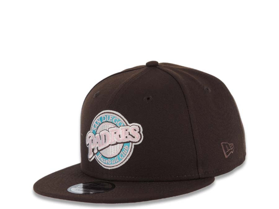San Diego Padres New Era MLB 9FIFTY 950 Snapback Cap Hat Dark Brown Crown/Visor Pink/Teal/White Baseball Club Logo 1992 All-Star Game Side Patch