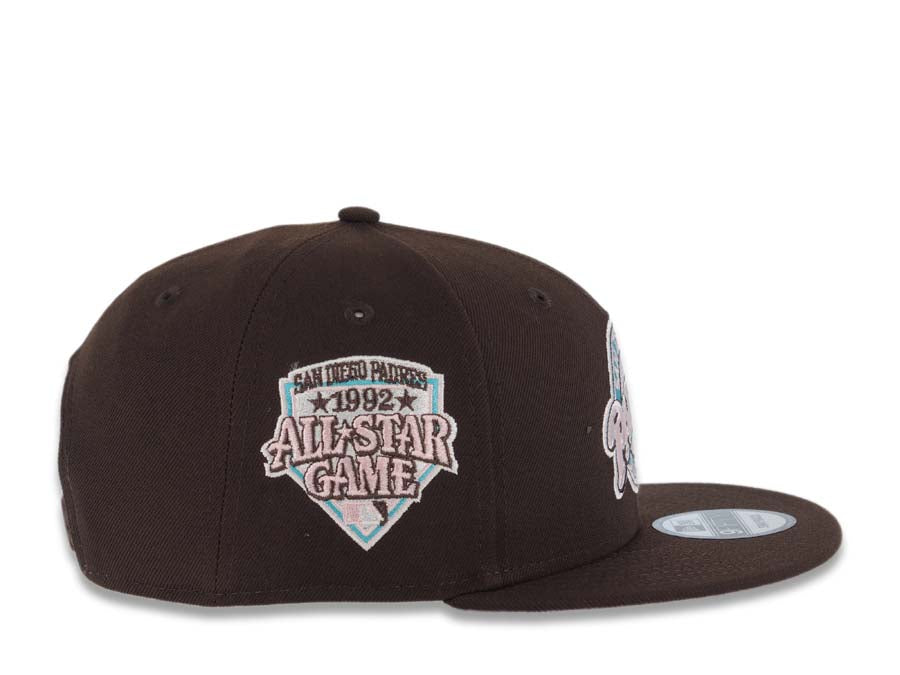 San Diego Padres New Era MLB 9FIFTY 950 Snapback Cap Hat Dark Brown Crown/Visor Pink/Teal/White Baseball Club Logo 1992 All-Star Game Side Patch