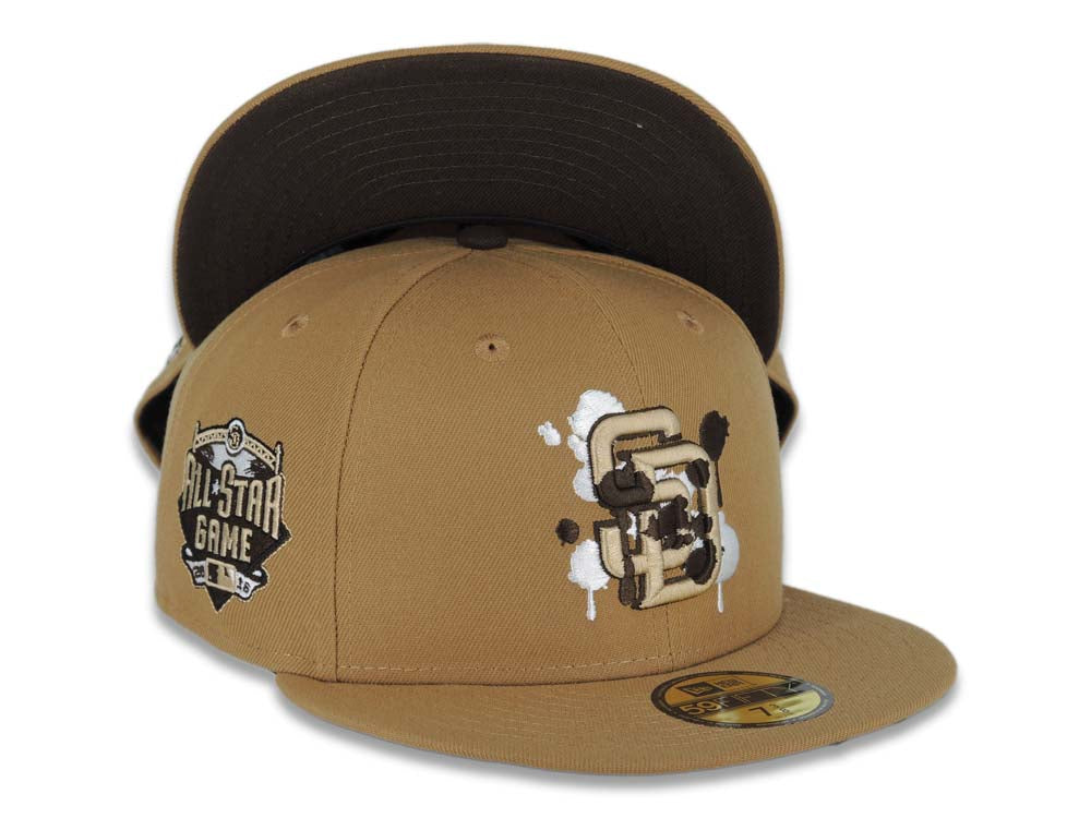 San Diego Padres New Era MLB 59FIFTY 5950 Fitted Cap Hat Wheat Crown/Visor Wheat/Brown/White Splatter Logo 2016 All-Star Game Side Patch Brown UV
