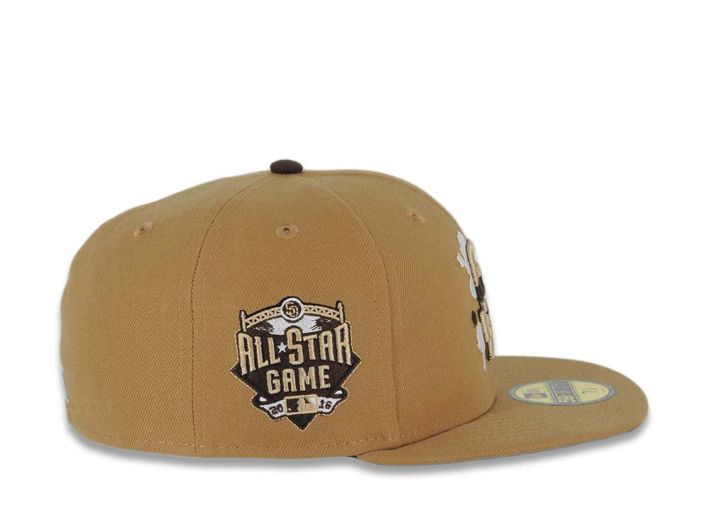 San Diego Padres New Era MLB 59FIFTY 5950 Fitted Cap Hat Wheat Crown/Visor Wheat/Brown/White Splatter Logo 2016 All-Star Game Side Patch Brown UV