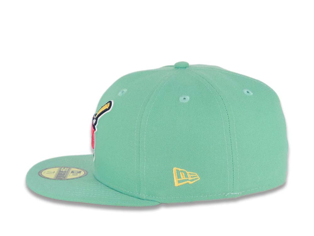 (City Connect Color) San Diego Padres New Era MLB 59FIFTY 5950 Fitted Cap Hat Teal Crown/Visor Magenta/Yellow Swinging Friar Logo Stadium Side Patch