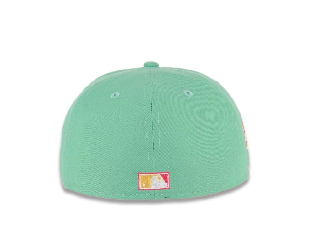 (City Connect Color) San Diego Padres New Era MLB 59FIFTY 5950 Fitted Cap Hat Teal Crown/Visor Magenta/Yellow Swinging Friar Logo Stadium Side Patch