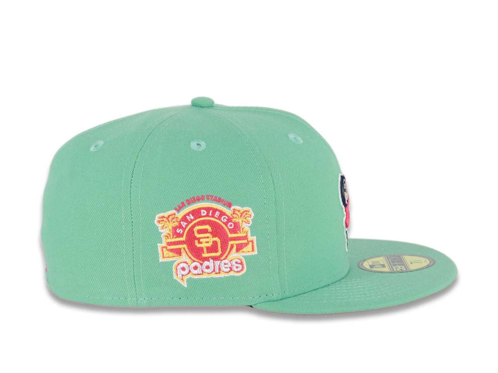 (City Connect Color) San Diego Padres New Era MLB 59FIFTY 5950 Fitted Cap Hat Teal Crown/Visor Magenta/Yellow Swinging Friar Logo Stadium Side Patch