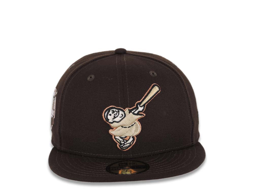 San Diego Padres New Era MLB 59FIFTY 5950 Fitted Cap Hat Dark Brown Crown/Visor Khaki/Metallic Brown Swinging Friar Logo 40th Anniversary Side Patch