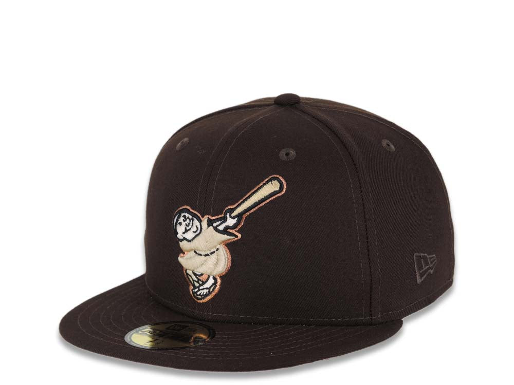 San Diego Padres New Era MLB 59FIFTY 5950 Fitted Cap Hat Dark Brown Crown/Visor Khaki/Metallic Brown Swinging Friar Logo 40th Anniversary Side Patch