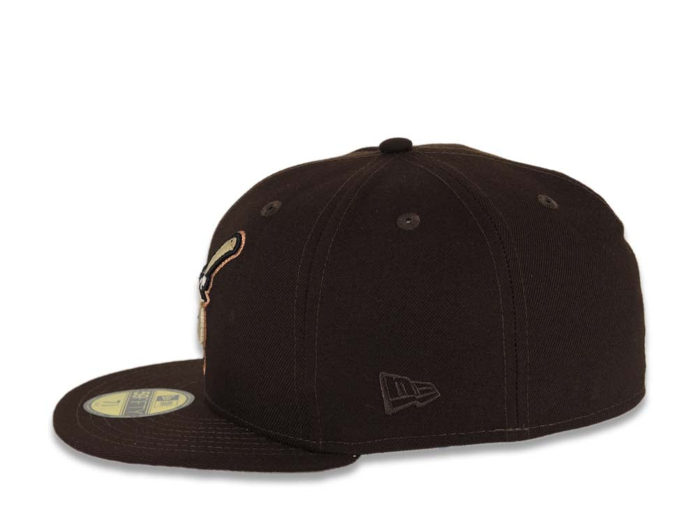 San Diego Padres New Era MLB 59FIFTY 5950 Fitted Cap Hat Dark Brown Crown/Visor Khaki/Metallic Brown Swinging Friar Logo 40th Anniversary Side Patch