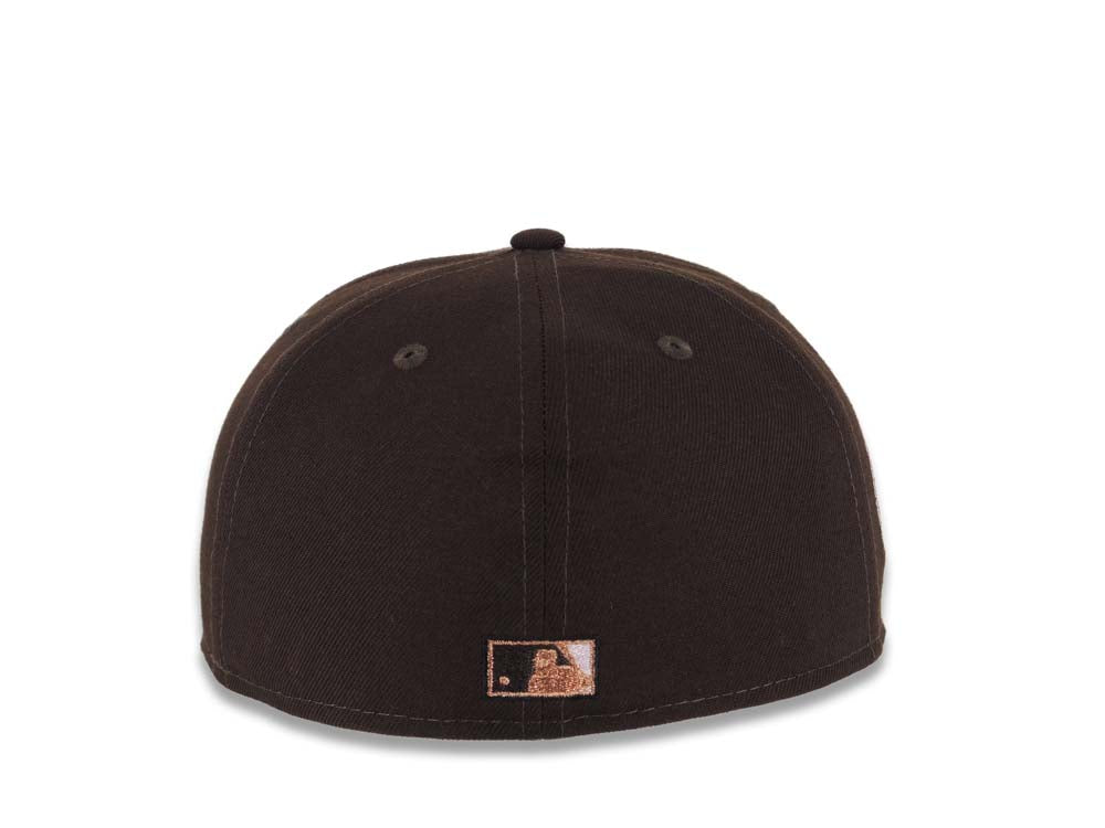 San Diego Padres New Era MLB 59FIFTY 5950 Fitted Cap Hat Dark Brown Crown/Visor Khaki/Metallic Brown Swinging Friar Logo 40th Anniversary Side Patch