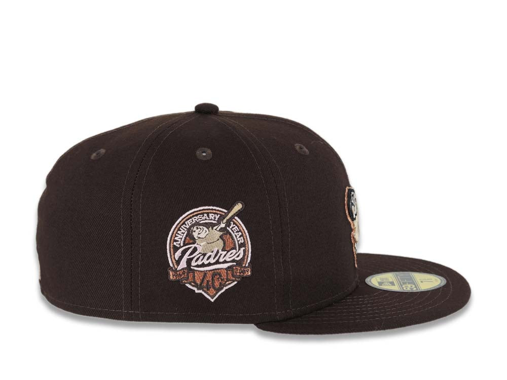 San Diego Padres New Era MLB 59FIFTY 5950 Fitted Cap Hat Dark Brown Crown/Visor Khaki/Metallic Brown Swinging Friar Logo 40th Anniversary Side Patch