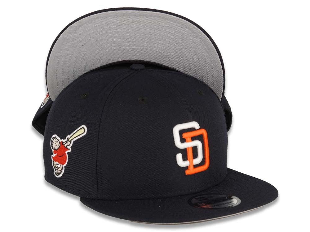 San Diego Padres New Era MLB 9FIFTY 950 Snapback Cap Hat Navy Crown/Visor White/Orange Logo Swinging Friar Side Patch Gray UV