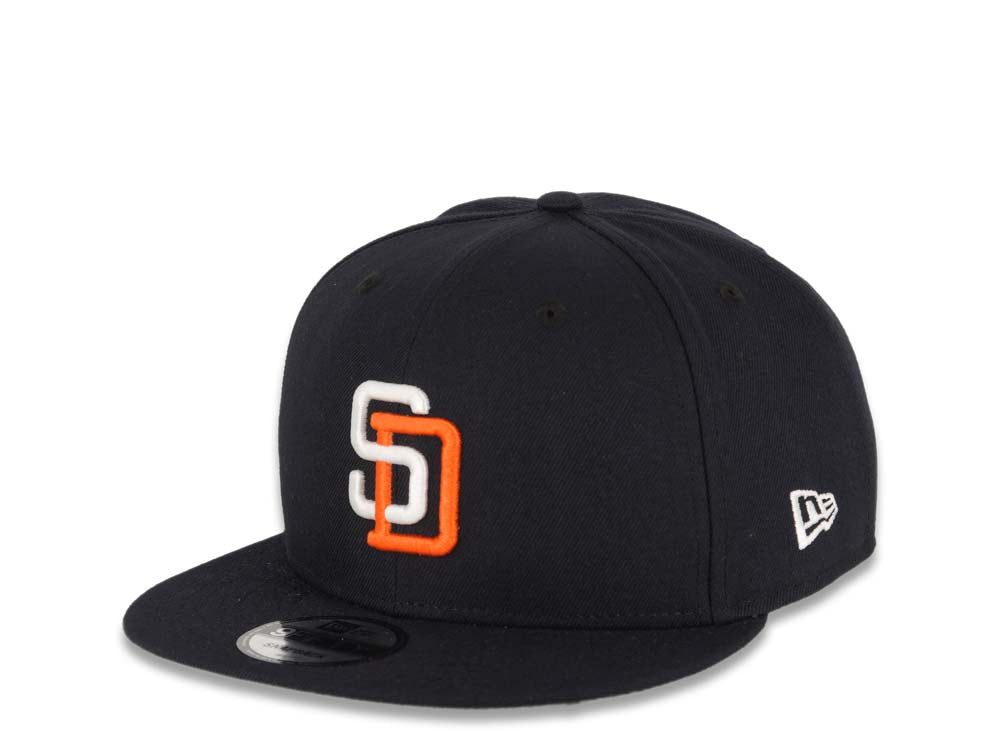 San Diego Padres New Era MLB 9FIFTY 950 Snapback Cap Hat Navy Crown/Visor White/Orange Logo Swinging Friar Side Patch Gray UV