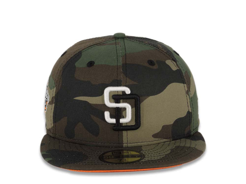 San Diego Padres New Era MLB 59FIFTY 5950 Fitted Cap Hat Camo Crown/Visor White/Black Logo 1998 World Series Side Patch Neon Orange UV
