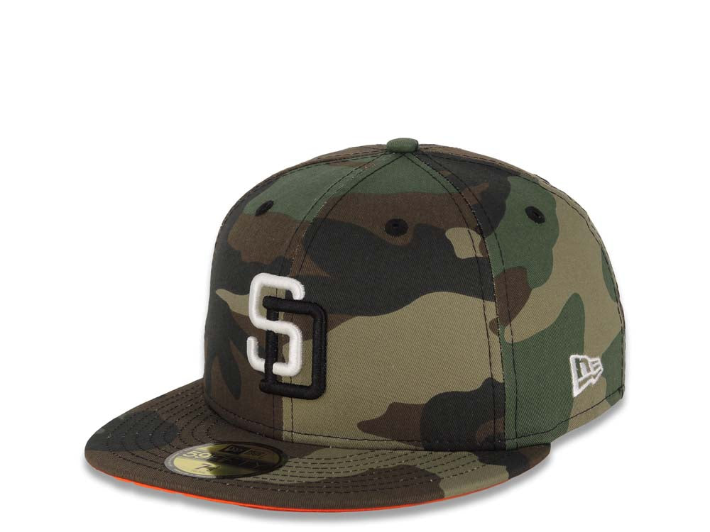 San Diego Padres New Era MLB 59FIFTY 5950 Fitted Cap Hat Camo Crown/Visor White/Black Logo 1998 World Series Side Patch Neon Orange UV