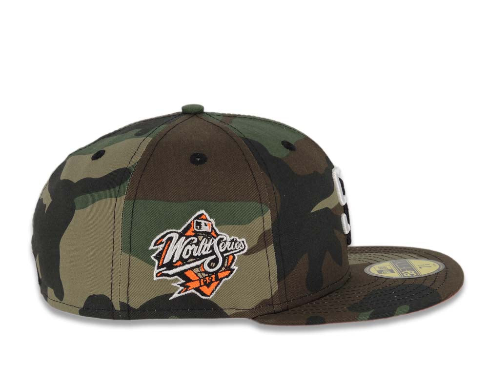 San Diego Padres New Era MLB 59FIFTY 5950 Fitted Cap Hat Camo Crown/Visor White/Black Logo 1998 World Series Side Patch Neon Orange UV
