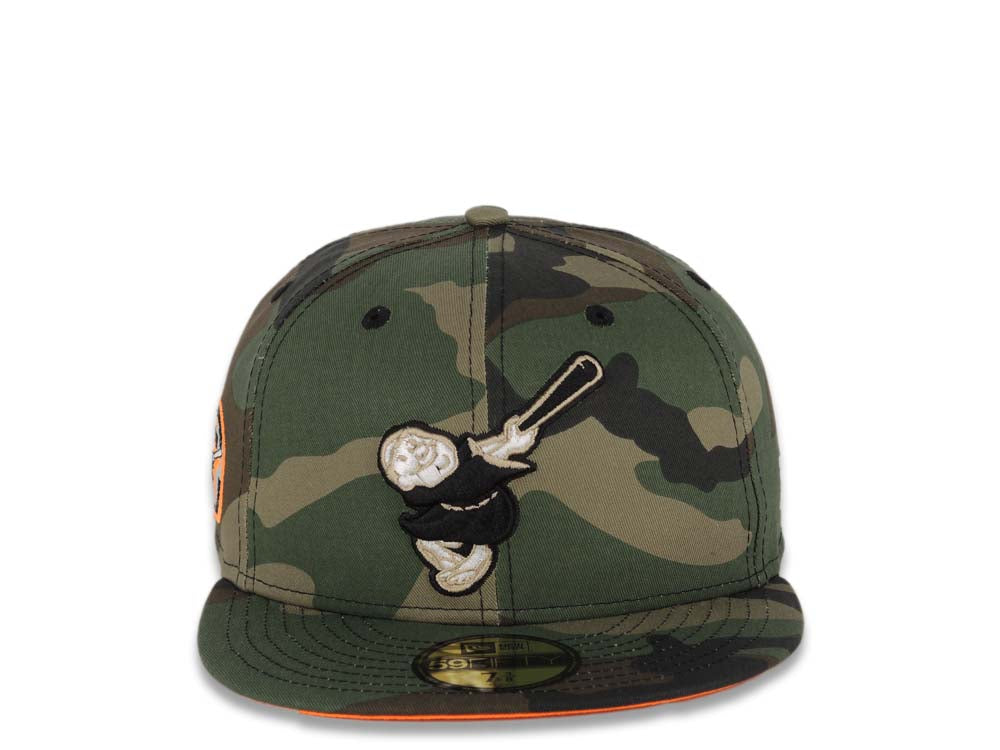 San Diego Padres New Era MLB 59FIFTY 5950 Fitted Cap Hat Camo Crown/Visor Black/Khaki Swinging Friar Logo 1978 All-Star Game Side Patch Neon Orange UV