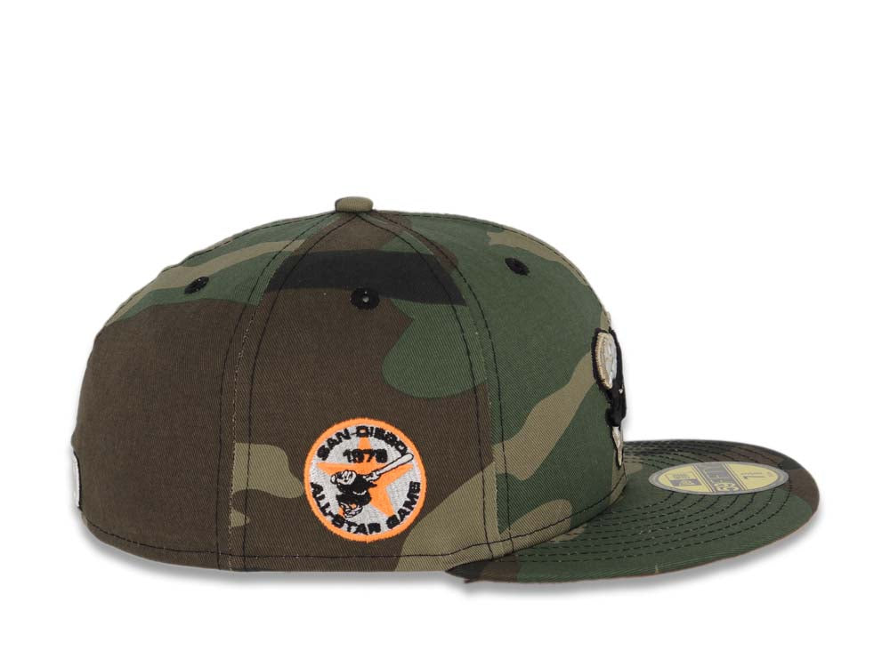San Diego Padres New Era MLB 59FIFTY 5950 Fitted Cap Hat Camo Crown/Visor Black/Khaki Swinging Friar Logo 1978 All-Star Game Side Patch Neon Orange UV